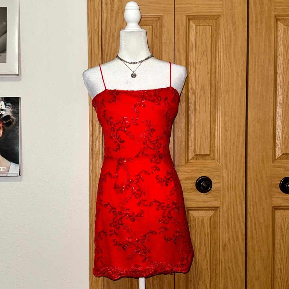 Lucy In The Sky Fit & Flare Dress Womens M Red Sequin Spaghetti Strap Tie Back